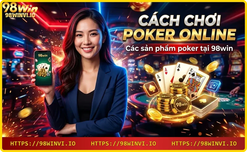 Ba biến thể poker Texas Hold'em, Omaha và 7 Card Stud được bày trên bàn tối với chip vàng và ánh sáng neon