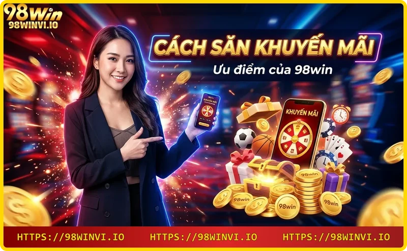 Bàn làm việc hiện đại với laptop, tai nghe và biểu tượng ưu điểm của 98WIN