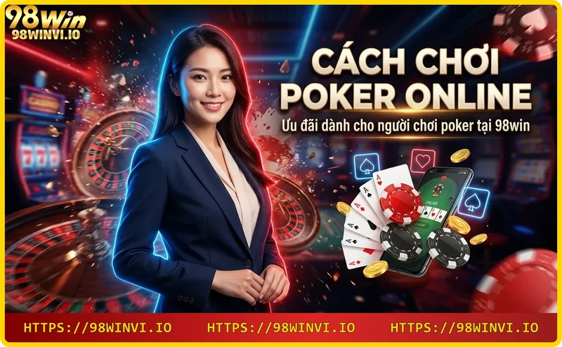 Chồng tiền vàng, hộp quà và chip poker trên bàn casino tối, ánh sáng neon xanh dương và vàng
