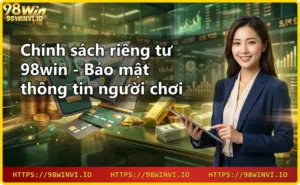 Giao diện bảo mật kỹ thuật số với biểu tượng khiên và ổ khóa, liên quan đến chính sách riêng tư 98win