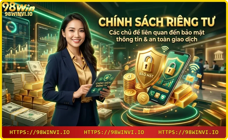 Giao diện bảo mật kỹ thuật số với biểu tượng khiên và ổ khóa, liên quan đến chính sách riêng tư 98win