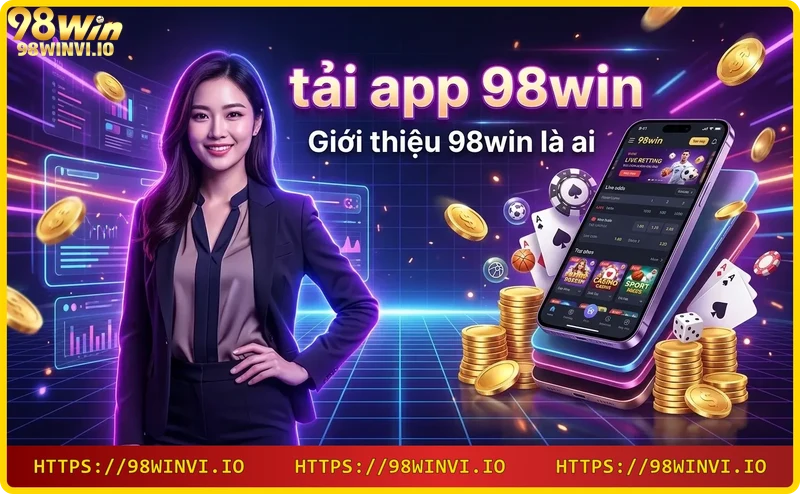 Giới thiệu nhà cái 98WIN với hình ảnh ứng dụng trên smartphone nền thành phố tương lai