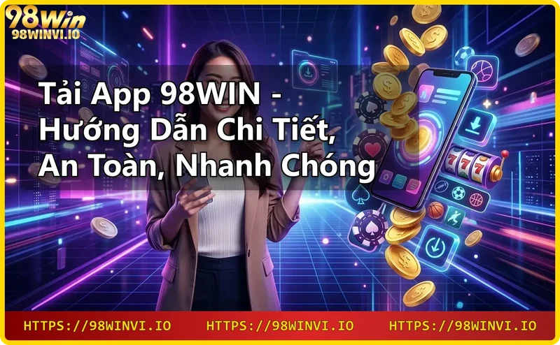 Giới thiệu nhà cái 98WIN với hình ảnh ứng dụng trên smartphone nền thành phố tương lai