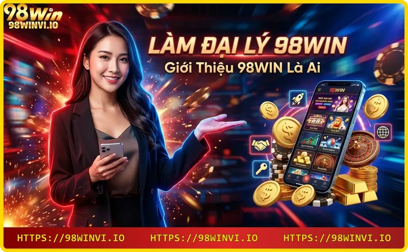 Màn hình holographic hiển thị nền tảng casino trực tuyến với các biểu tượng cá cược thể thao, casino, slot, xổ số - minh họa giới thiệu 98WIN.