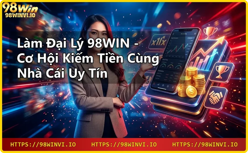 Màn hình holographic hiển thị nền tảng casino trực tuyến với các biểu tượng cá cược thể thao, casino, slot, xổ số - minh họa giới thiệu 98WIN.