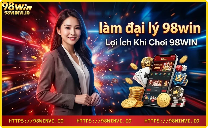 Nhóm bạn trẻ vui vẻ cầm điện thoại, các biểu tượng trò chơi casino và đồ thị thu nhập xung quanh - minh họa lợi ích giải trí và kiếm tiền cùng 98WIN.